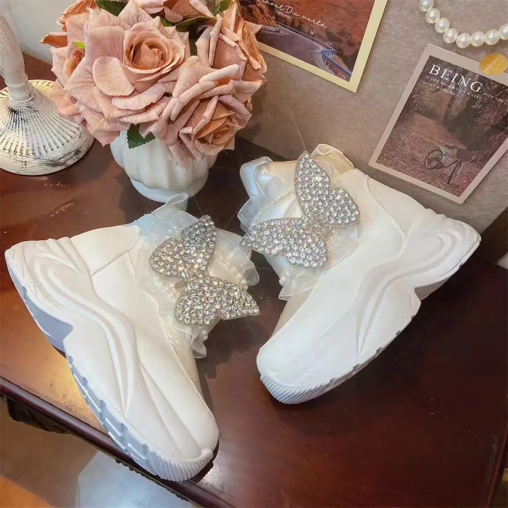 Luxury rhineland pearl trim thickened big cotton shoes white casual platform female boots 34-40
