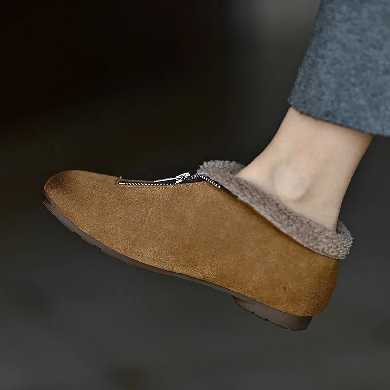 

Cow Suede Women's Loafers Deep Mouth Front Zip Closure Khaki Flats Round Toe Warm Female Shoes Phoentin FT4309