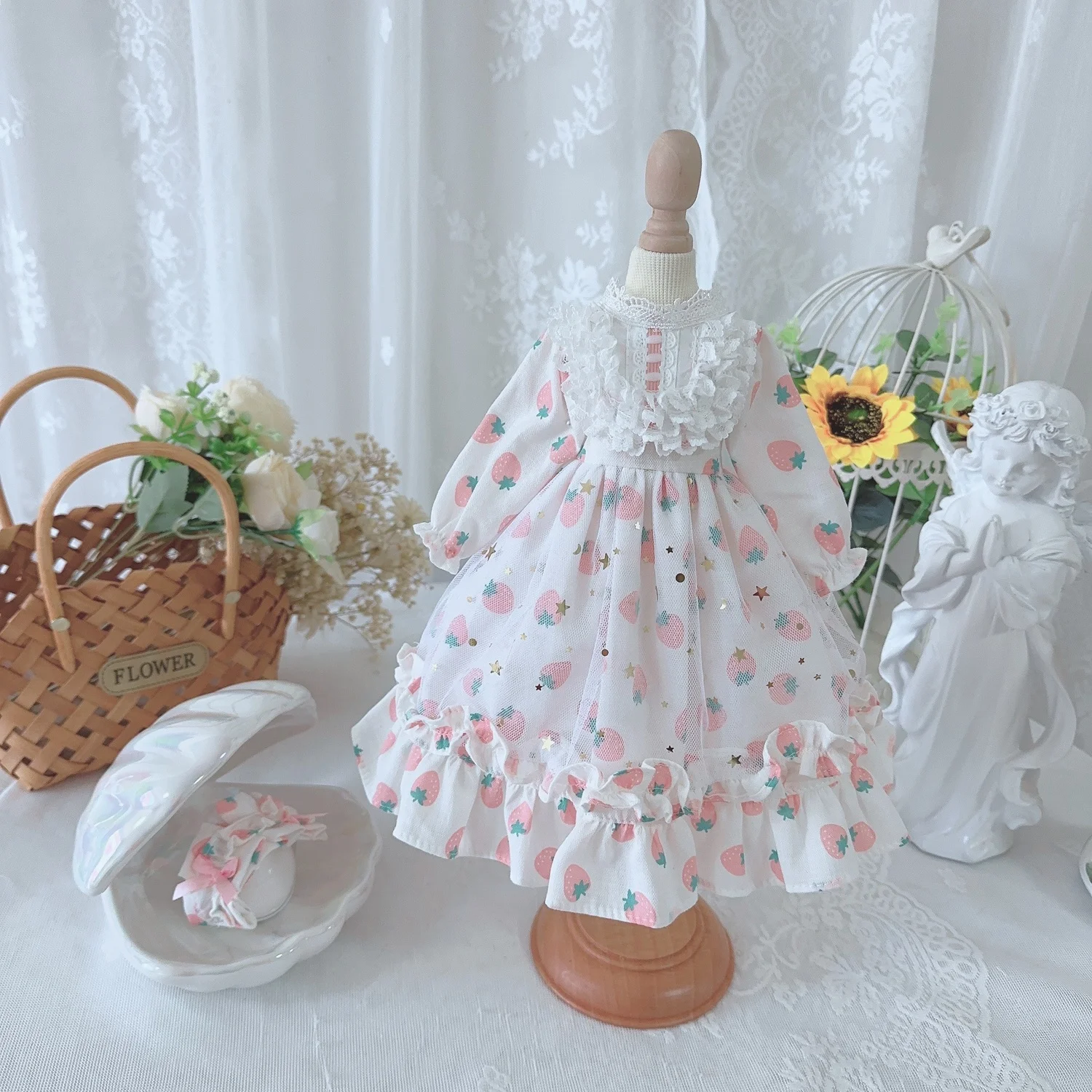 BJD Doll clothes suitable for  1/3 1/4 1/6 size white lace strawberry long sleeve dress doll accessories