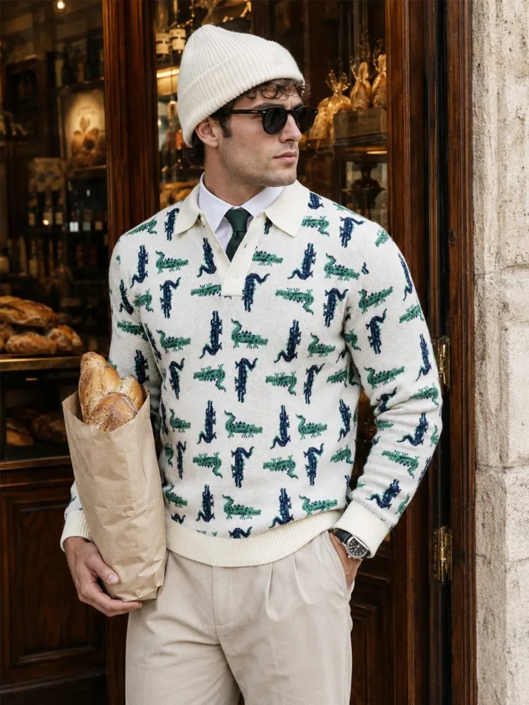 Autumn Mens Slim Fit Crocodile Pattern Knitted Sweater Tops Business Casual Lapel Collar Long Sleeve Jumpers Streetwear Knitwear