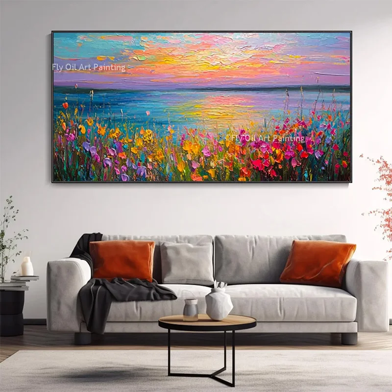 blue-sea-yellow-sunset-view-modern-style-canvas-wall-art-items-for-home-hand-made-red-orange-flowers-field-oil-painting-as-gifts