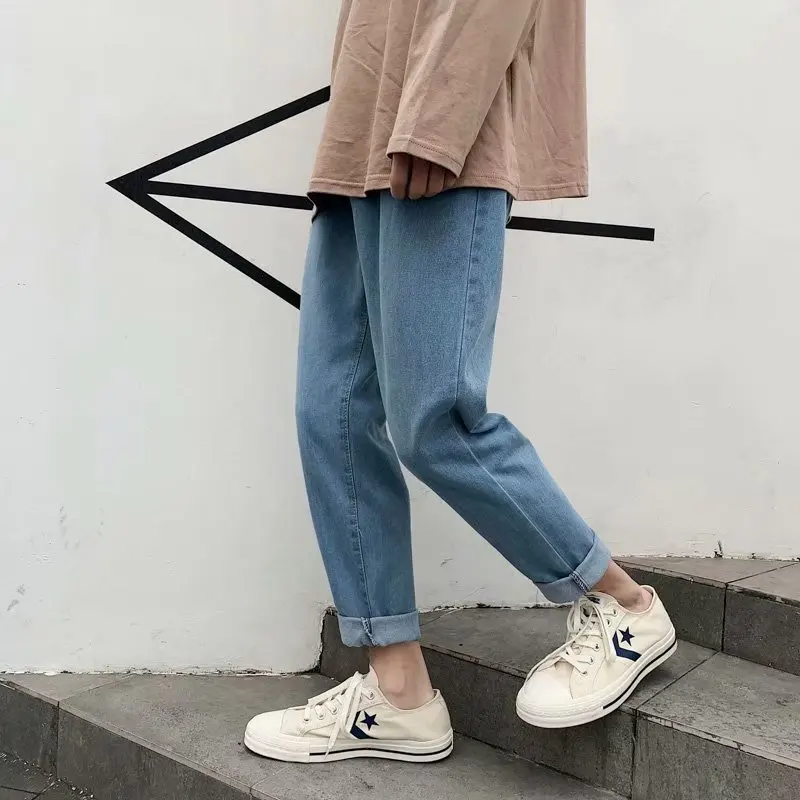 Spring Summer 2022 Fashion Straight Jeans Men's Washed Wild Korean Trendy Loose Teenagers Cropped Pants Students Bf Casual Pants