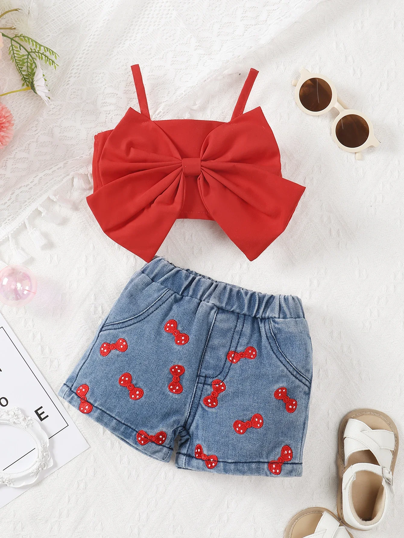 2Pcs Baby Girls Sets Summer Newborn Clothes Pure Red Suspender+Embroidered Printed Denim Shorts Fashion Baby Casual Suit