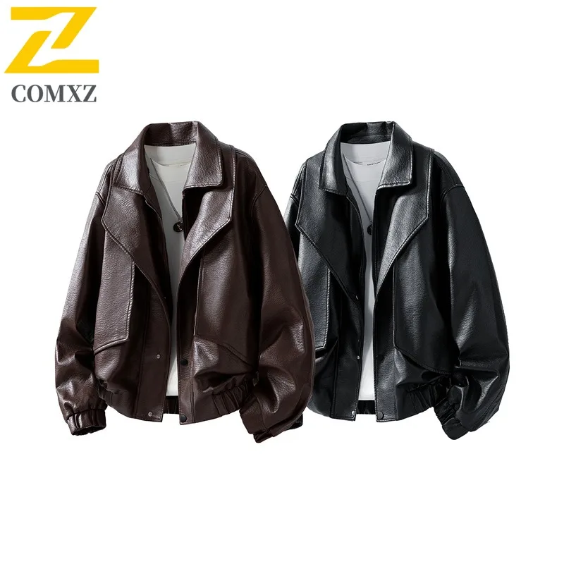 

COMXZ модная мужская кожаная куртка в американском стиле, простая универсальная кожаная куртка с воротником-стойкой, свободная кожаная куртка