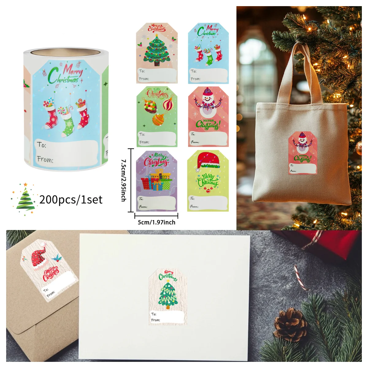 

200 PCS Christmas Gift Tags, Christmas Name Tags Stickers, Self-Adhesive Labels for Presents, Bags, Boxes, Wrapping Paper Christ