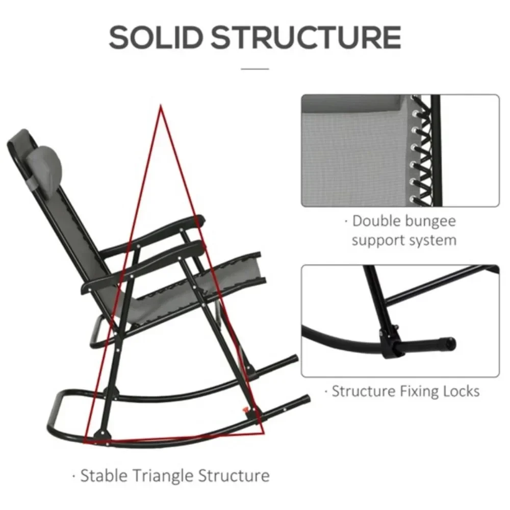 Chaise de jardin à bascule, design pliable, facile à déplacer et à ranger, appuie-tête intégré confortable, revêtement en poudre imperméable