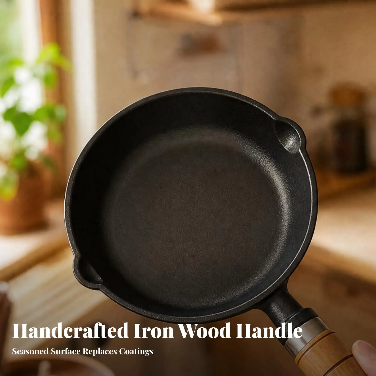 Heavy Duty Cast Iron Frying Pan with Wooden Handle for Gas Stove Cooking Skillet for Eggs and Sauting Pan for Kitchen Use