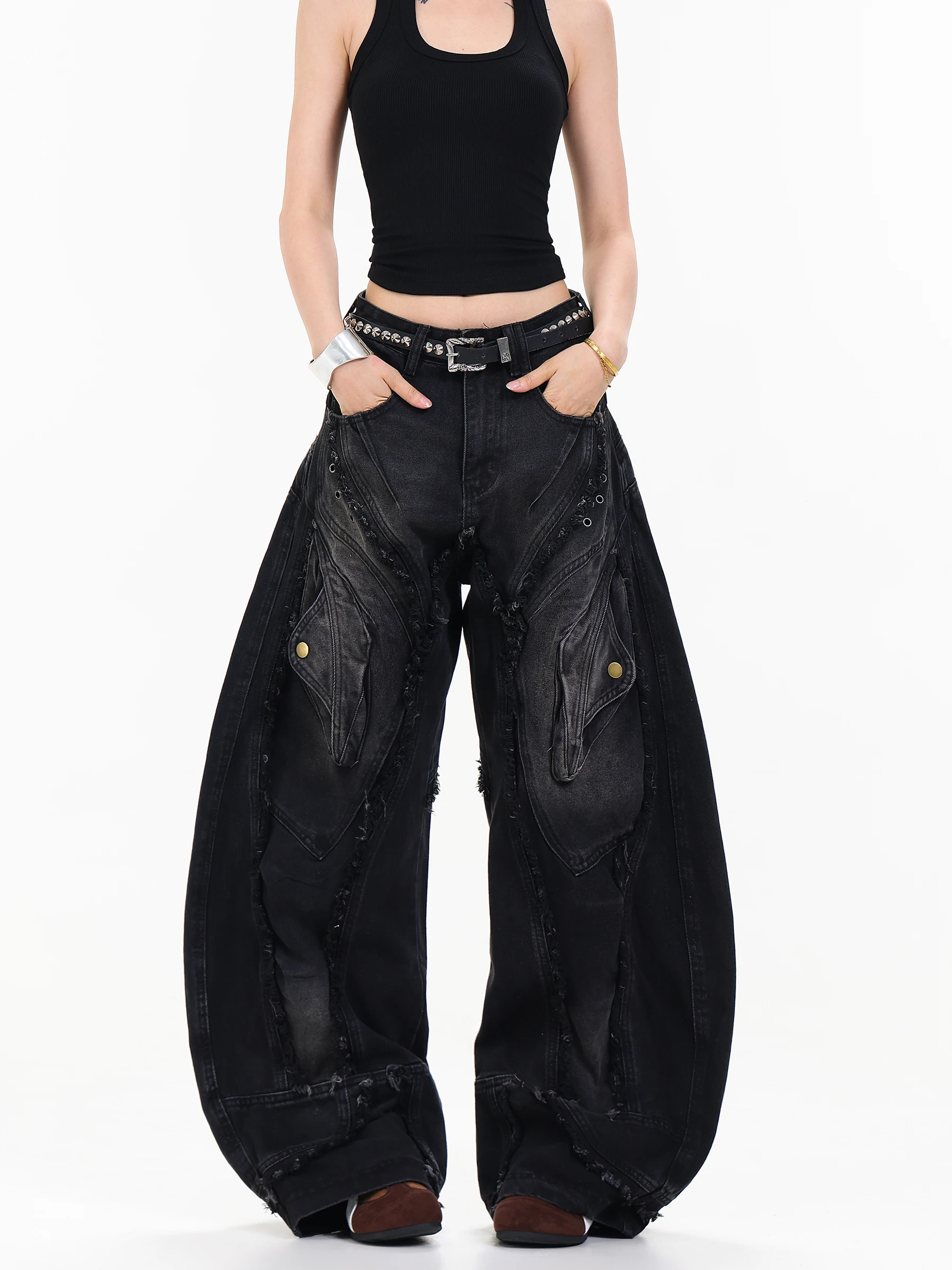 Calças Jeans Unissex de Perna Larga, Estilo Americano Retrô, Resistentes, com Patchwork Desgastado e Efeito Desfiado Preto