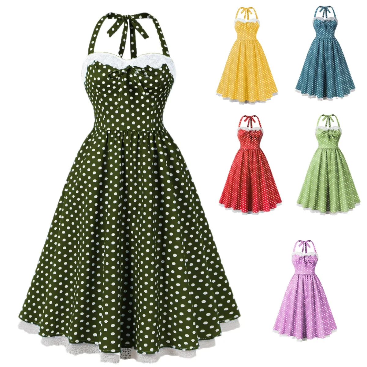 

Women's Rockabilly Dress Summer Sexy Halter Audrey Hepburn Big Swing Party Rockabilly Dress Vestidos