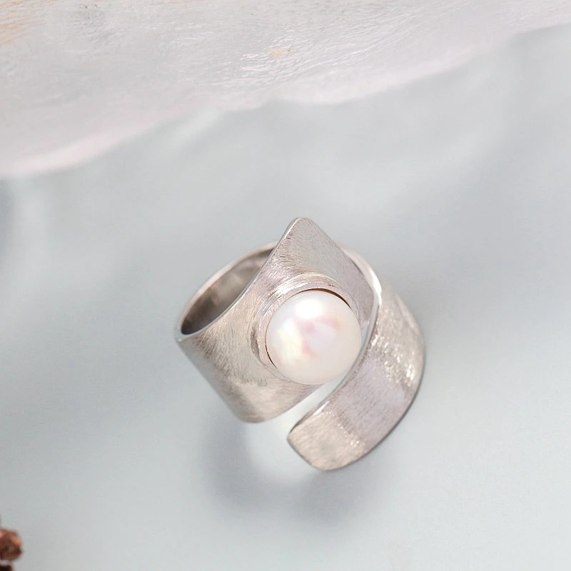 Authentic 925 Sterling Silver Retro Style Opening Ring Inlaid Natural Pearl Rings Handmade Creative Trendy Jewelry Gift