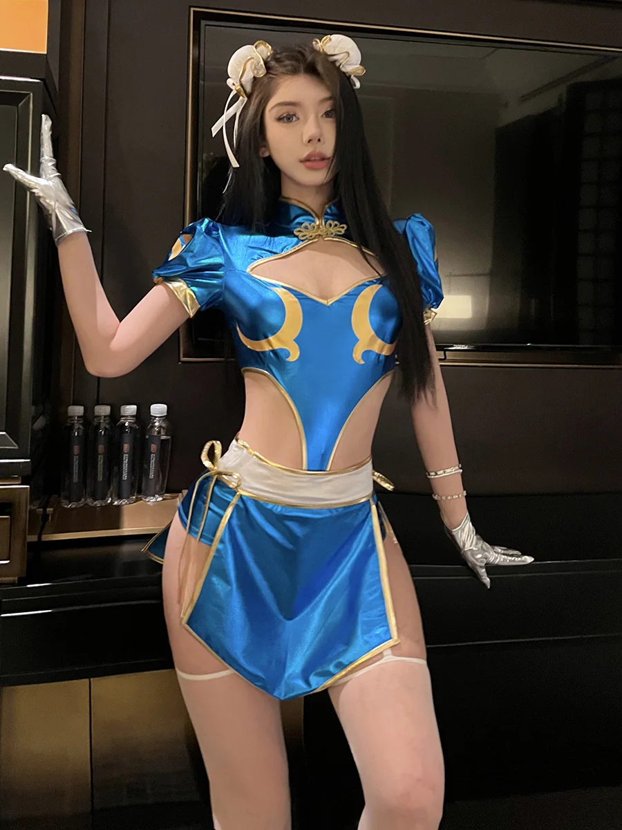 Костюмы для косплея Chun Li, голубой сексуальный чонсам, Женская игровая Униформа на Хэллоуин, карнавал, фотоодежда