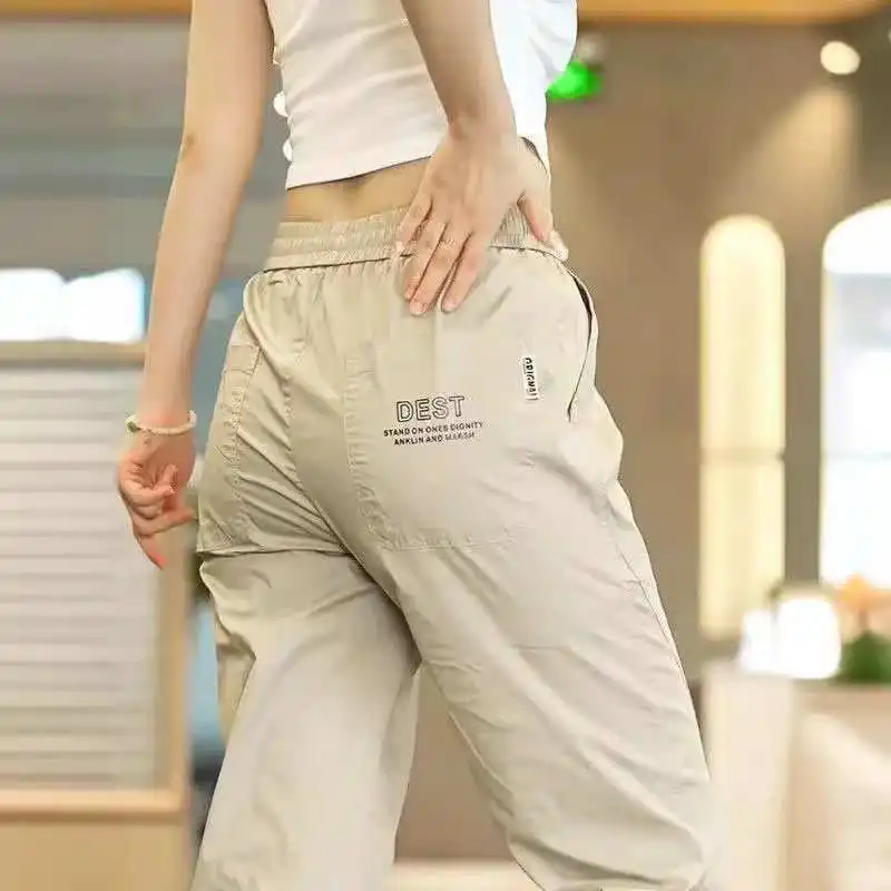 

Ice Silk Casual Pants Men's Loose Cuffed Summer Thin Qui Dry Large Size Sport Nine Points Long Pants Straight Leg pe