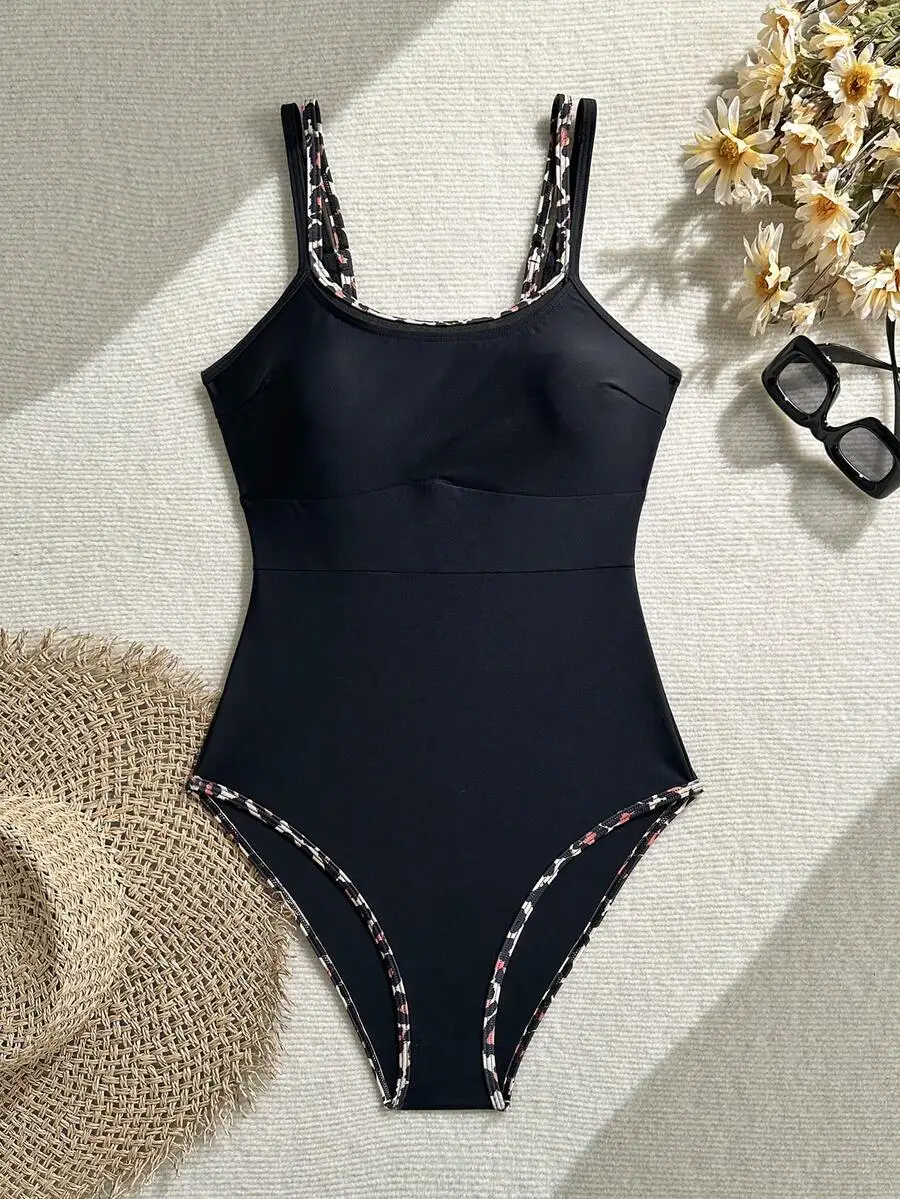 

Womens One-Piece Swimsuit With Contrast Animal Print Straps