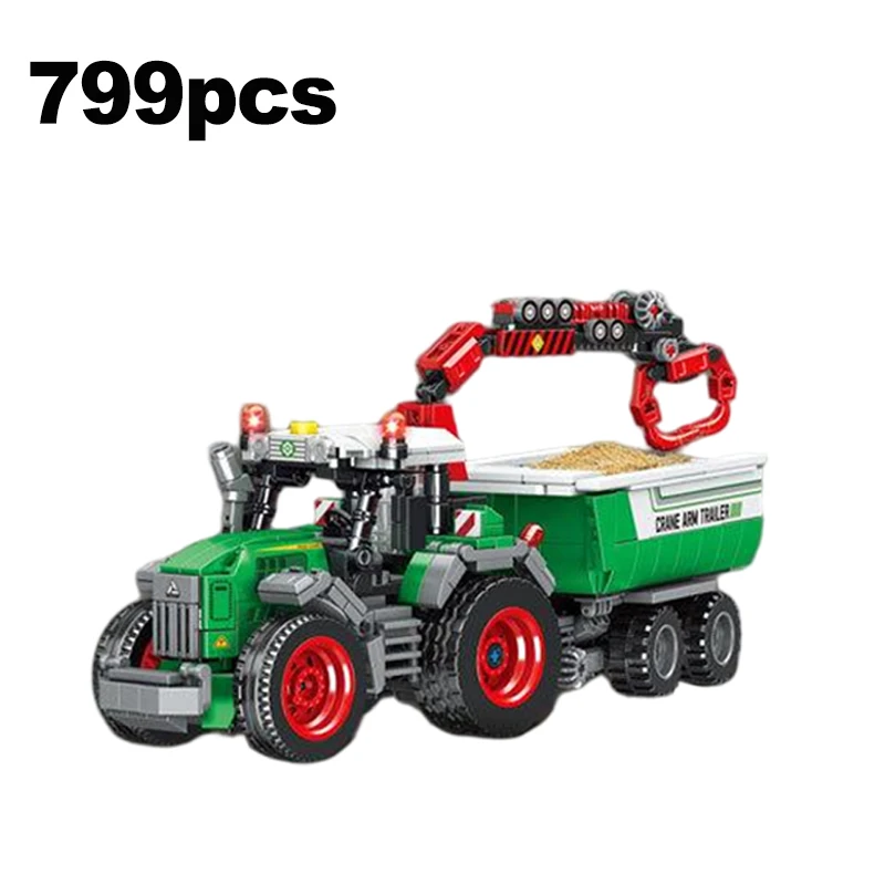 Educatieve bouwsteenset oogstlocomotief met vijf-ploeg tractor katoenen picker auto kraan arm trailer voor kinderen speelgoed