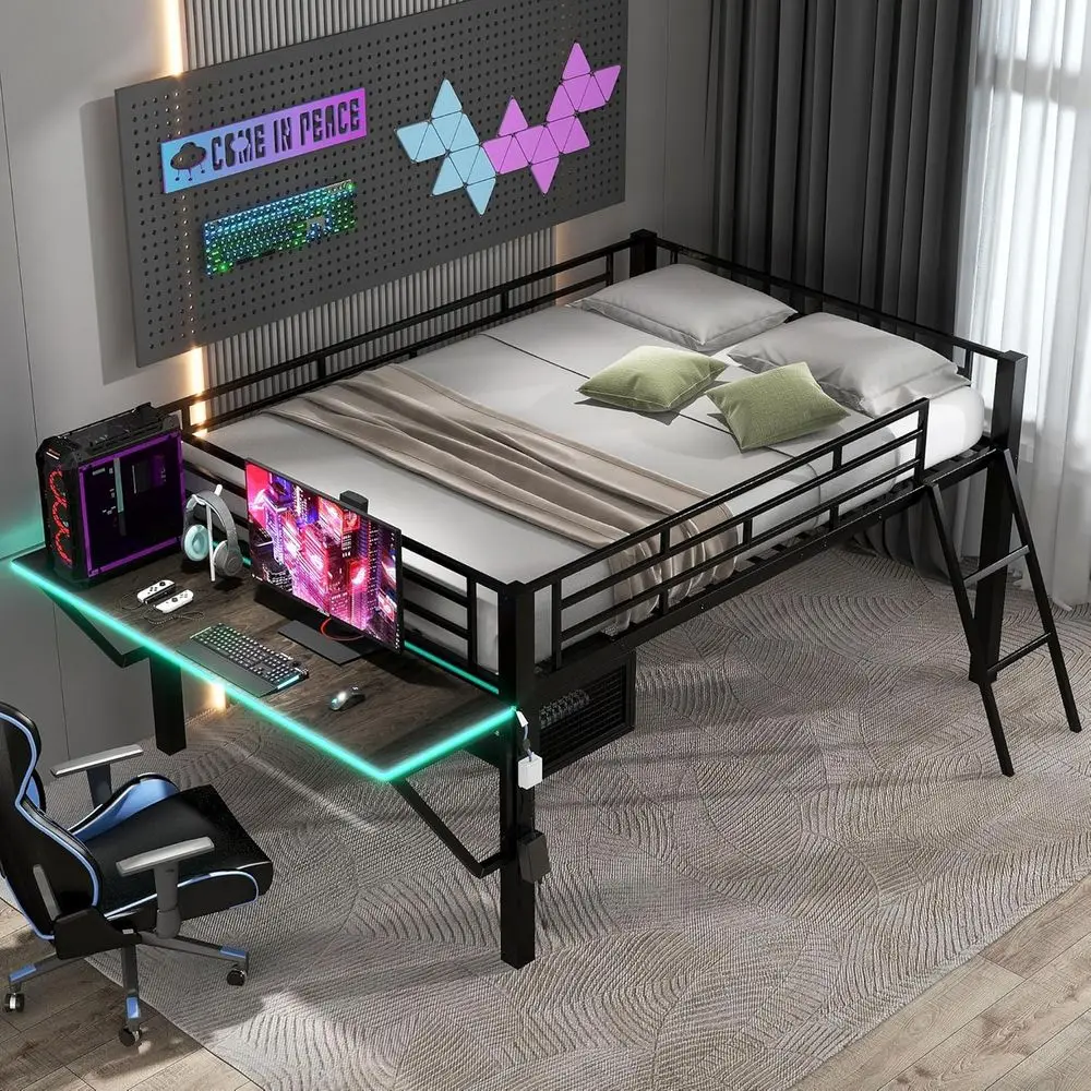 

Twin Size Low Loft Bed with Desk and LED Lights, Metal Gaming Bed for Kids and Teens, Black