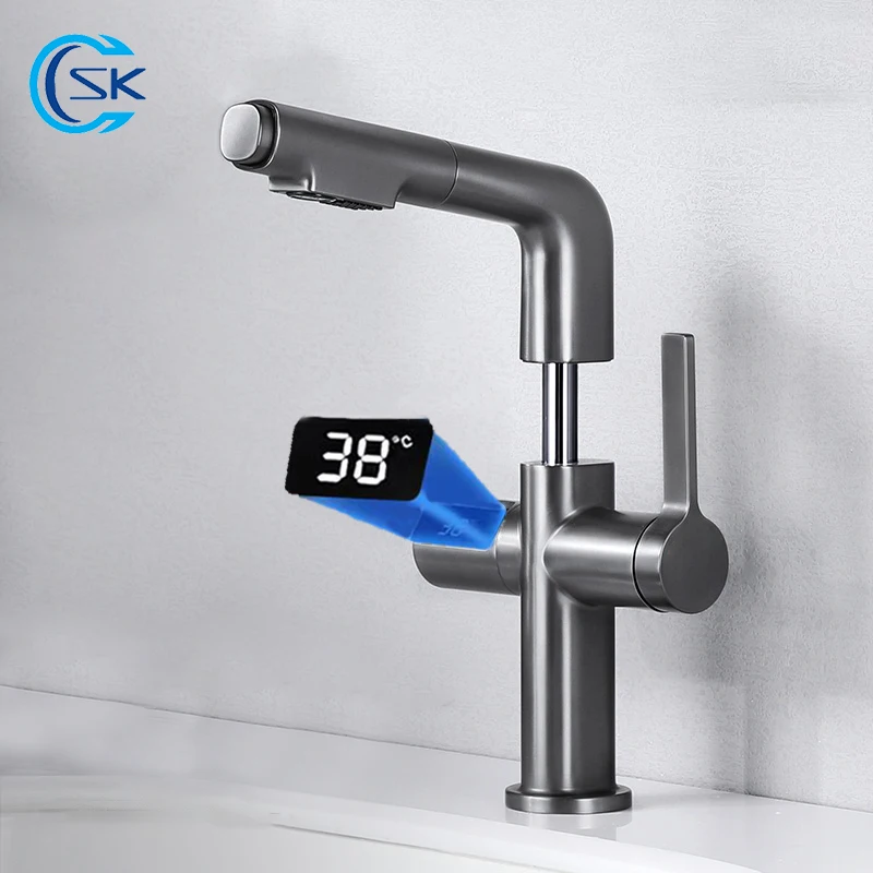 Bathroom Faucet Pull Out Digital Display Basin Faucet Brass Cold Hot Water Mixer Tap Single Hole Liftable Sink Faucet 2 Sprayer