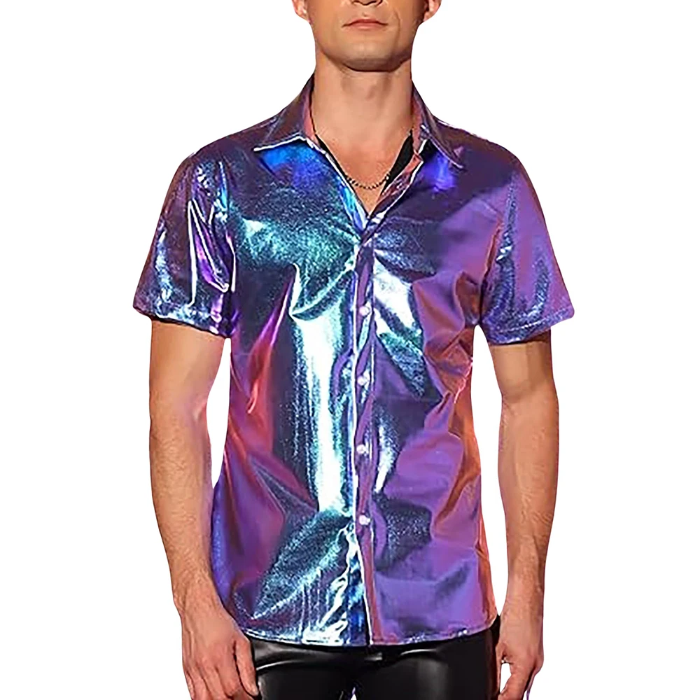 Men's 70s Disco Shirts Shiny Metallic Short Sleeve Button Down Dance Nightclub Party Costume Banquet Stage Performance Prom Tops