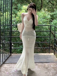 Fashion Summer Long Holiday Dress Women Clothes Pretty Knitted Sheer Sexy Strap Bodycon Maxi Robe Mujer Vestidos Bikini Cover Up