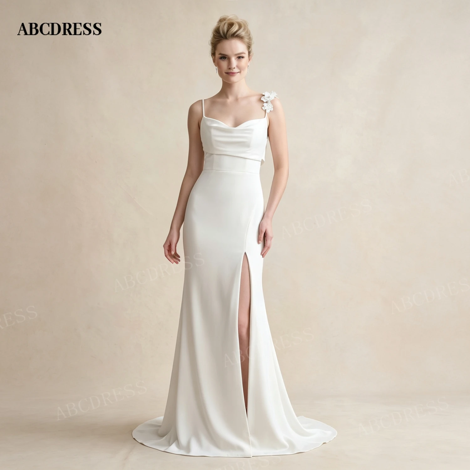 ABCDRESS Customized Cowl Neck Satin Mermaid Bridal Gown 3D Lace Flower Wedding Dress Chapel Train Backless Vestidos De Novia