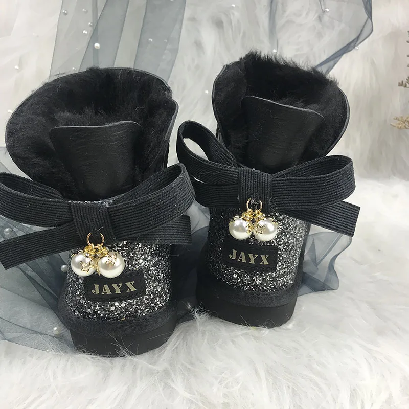 

2025 Cute Bow Banquet 100% Real Fur Classic Women's Boots Waterproof Genuine Leather Snow Boots Winter Girl's Wool Boots