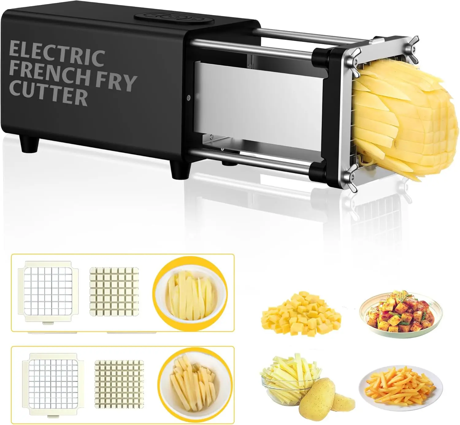 

Electric French Fry Cutter with 1/2 & 3/8 Inch Blades, Commercial Household Potato Slicer, Automatic Vegetable Cutter, Black