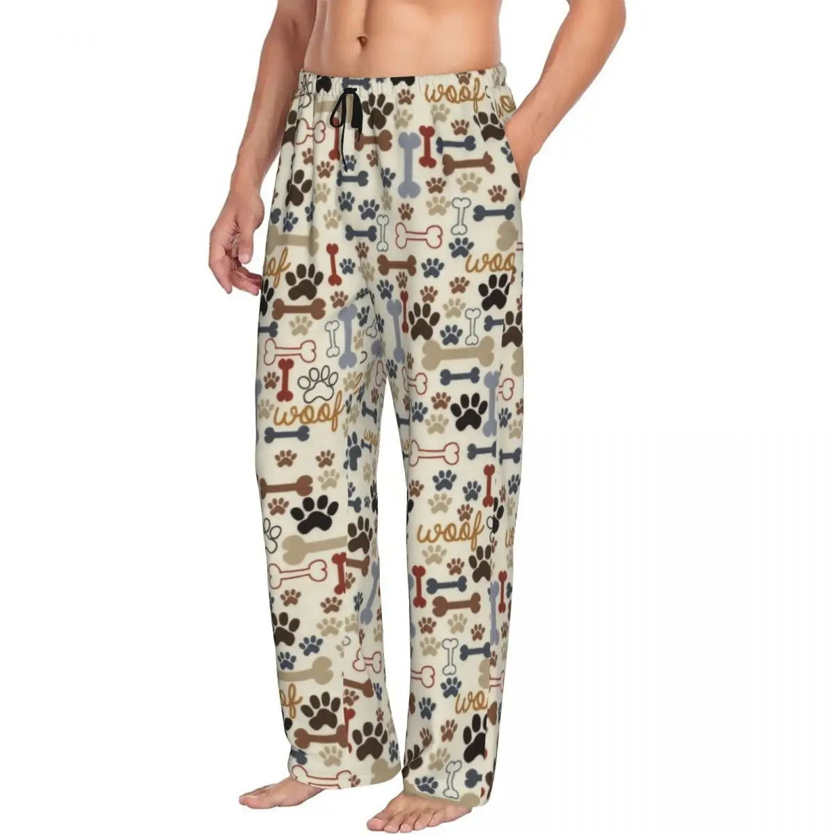 Custom Print Men's Dog Bones And Paw Prints Pattern Pajama Pants Sleep Sleepwear Bottoms with Pockets