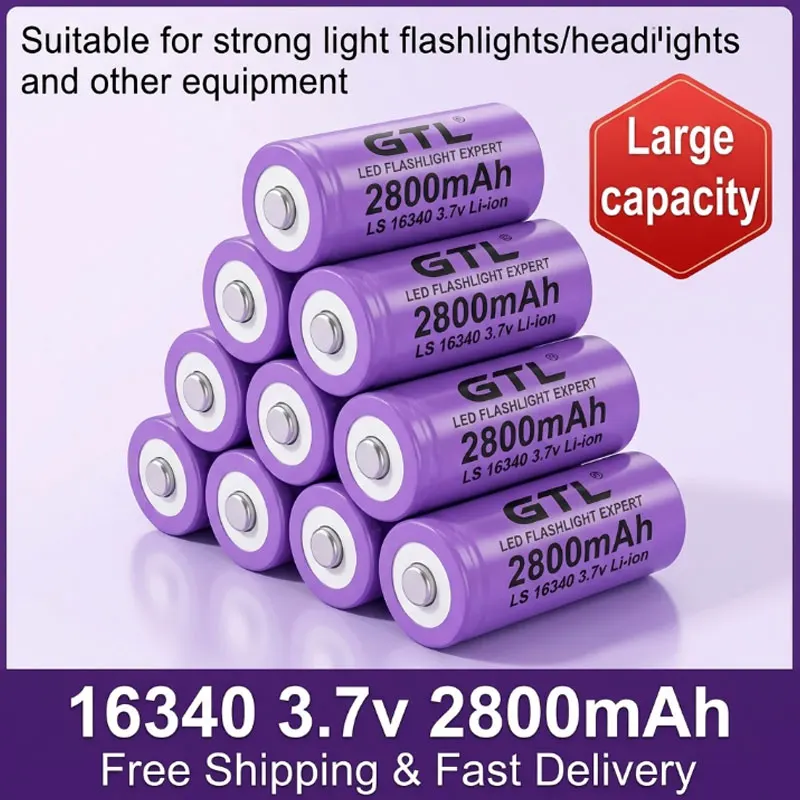 

CR123A Equivalent 16340 Battery 2800mAh 3.7V Li-ion Rechargeable Battery for LED Flashlight with Travel Wall Charger