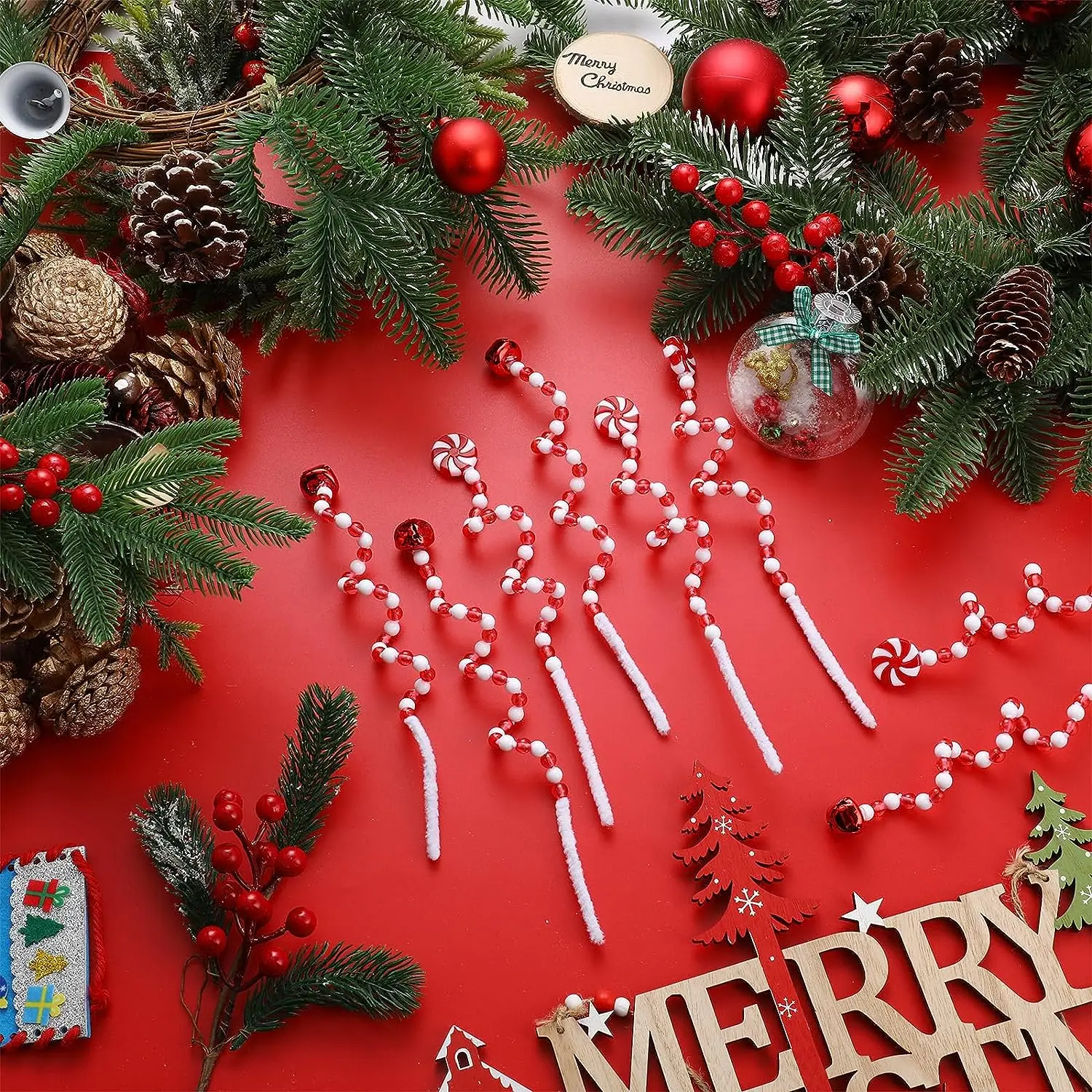 

24/36/50pcs Christmas Ornaments Curly Candy Red White Picks Bells Lollipops for Xmas Tree Topper Decor Home Crafts Party Navidad