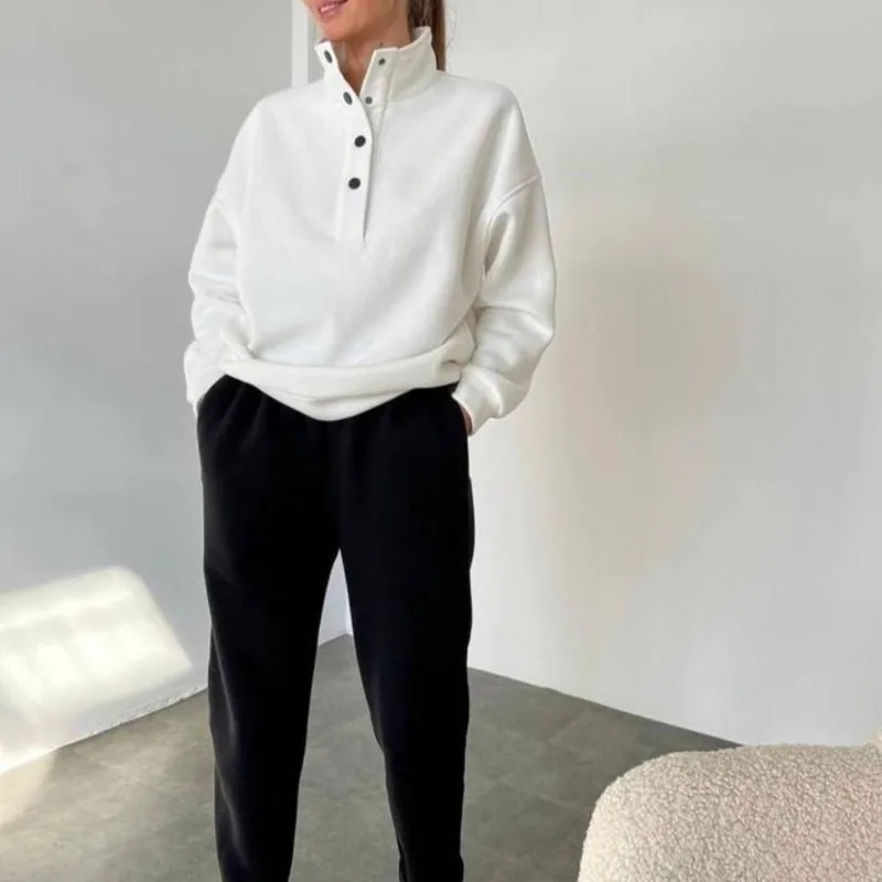 Women Long Sleeve Turtleneck Pullover Sweatshirt High Waist Pocket Straight-Leg Pants Suit 2023 Autumn Solid Color Two-Piece Set