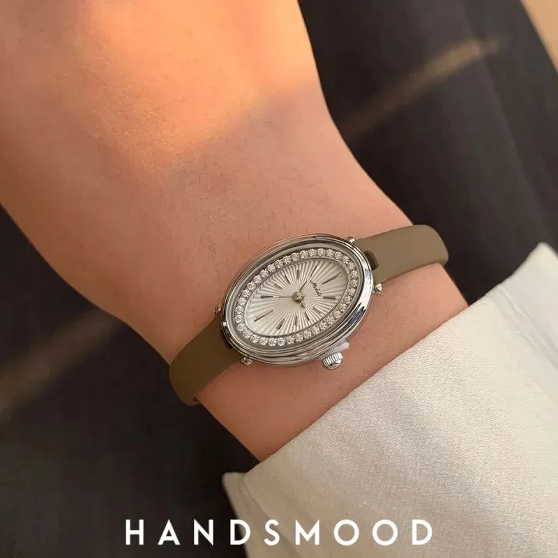 Часы с овальным бриллиантом, персонализированные, изысканные, модные, женские часы из натуральной кожи, нишевый темперамент