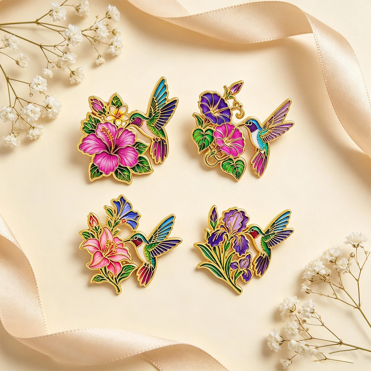4Pcs Hummingbird Mixed Flower Enamel Pins Set Brooch Lapel Pin Badge on Clothing Accessory Fashion Jewelry Gift For Friend