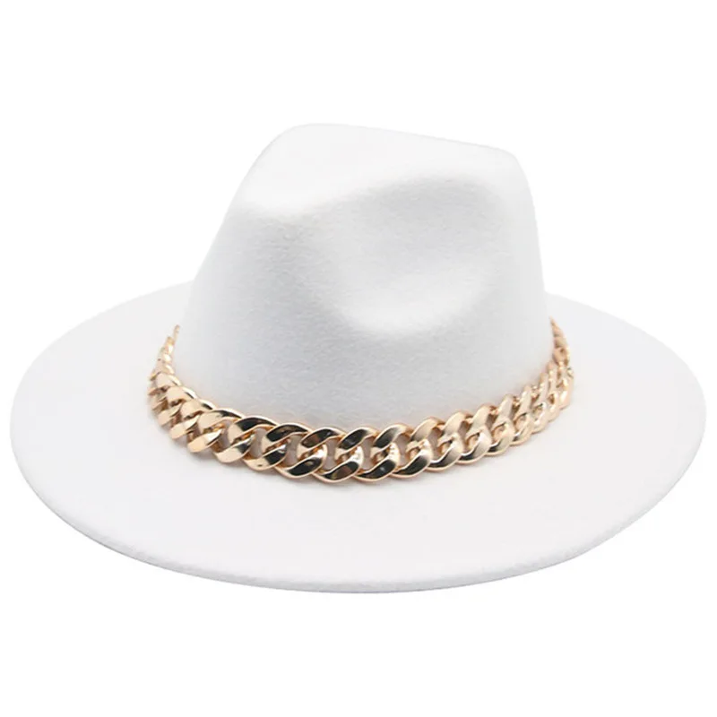 Top Hat Fedora Hat Tibetan Style Gold Necklace British European And American Flat Brim Big Brim Woolen Hat All-matching Sun Hat