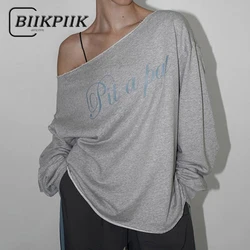 BIIKPIIK Skew Collar Letter Printed Loose Hoodies For Women Simple Casual Pullover Autumn Winter All-match Oversized Sweatshirts