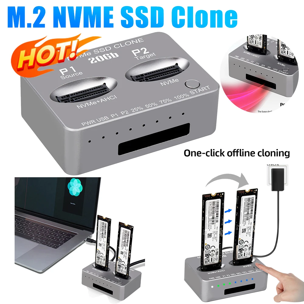 Dual-Bay M.2 NVME SSD Clone USB3.2 Type C External Hard Disk Box Gen2X 20Gbps NVME Docking Station M/B M Key M.2 M.3 NVME PCI-E