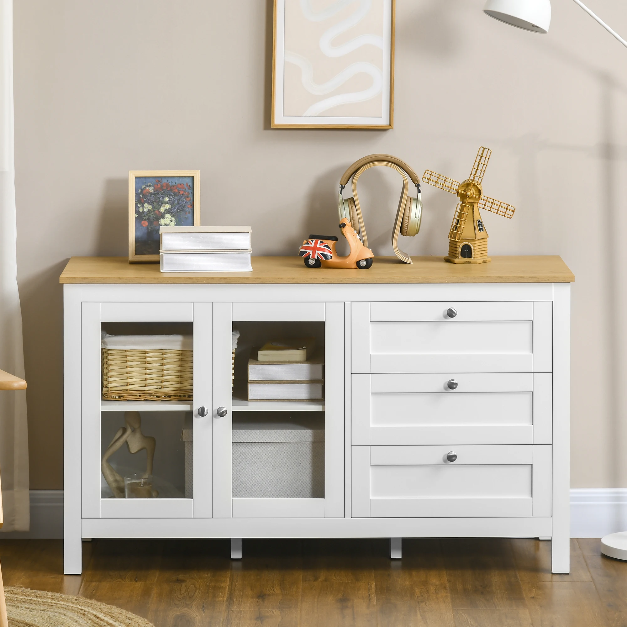 HOMCOM Aparador para Salón con 2 Puertas de Vidrio 3 Cajones 120x40x70 cm Blanco
