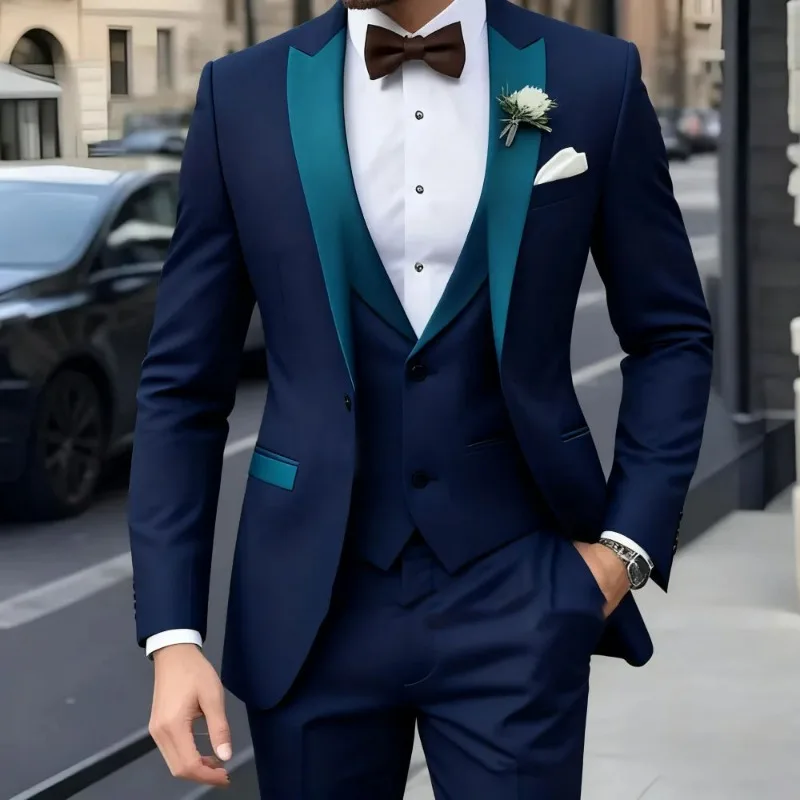 Immagine 4: KIDWHXR Completo da uomo in tre pezzi, blazer slim con contrasto di colori, gilet con colletto alla coreana, pantaloni a gamba dritta, abito da uomo per matrimoni e spettacoli