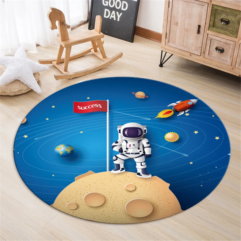 Cute cartoon space astronaut round printed polyester rug children's bedroom play mat boy room crawling  tapete redondo