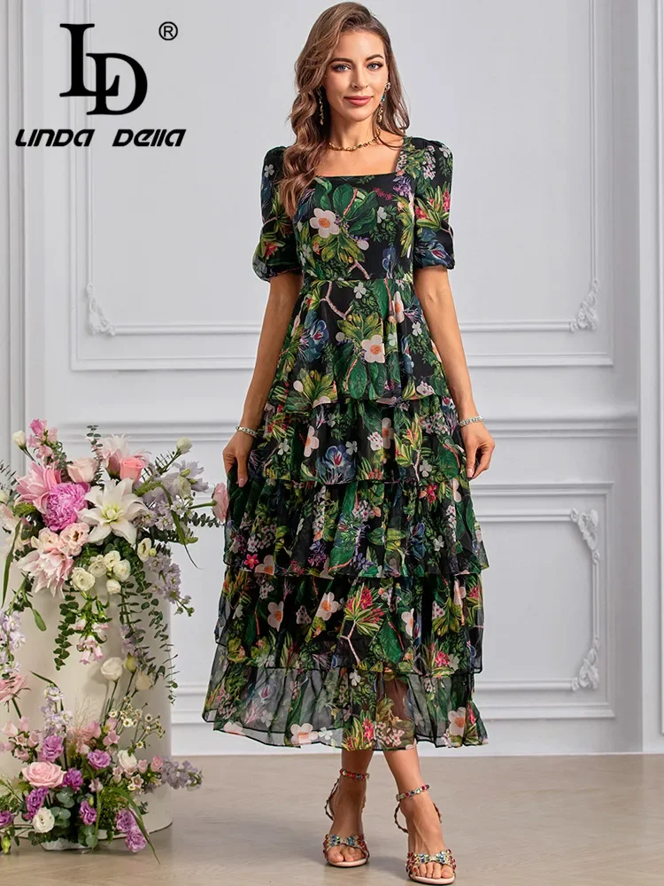 LD LINDA DELLA 2024 Summer Fashion Dresses Women Bohemian Floral Print Cascading Ruffle Chiffon Temperament Flutter Dresses