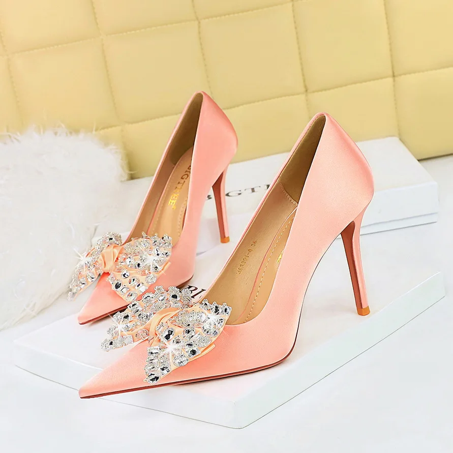 Plus Size Women Fetish 10cm High Heels Scarpins Cinderella Dress Pumps Lady Luxury Crystal Bowknot Green Light Gold Silk Shoes