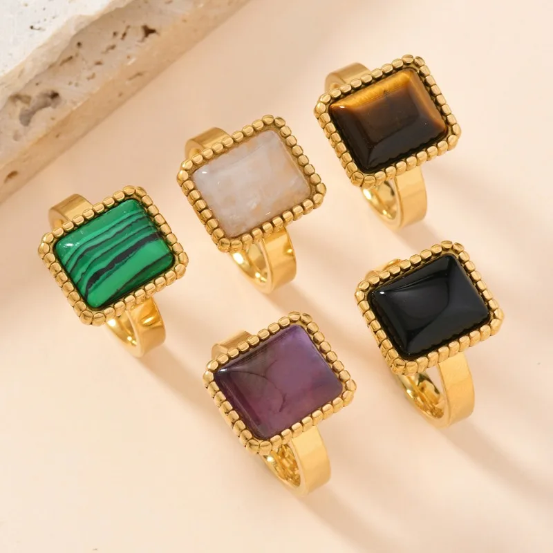 

5pcs 18K Gold Stainless Steel Ring Minimalist Band with Rectangle Gemstone, Unisex Matching Couple Rings Size 6-9