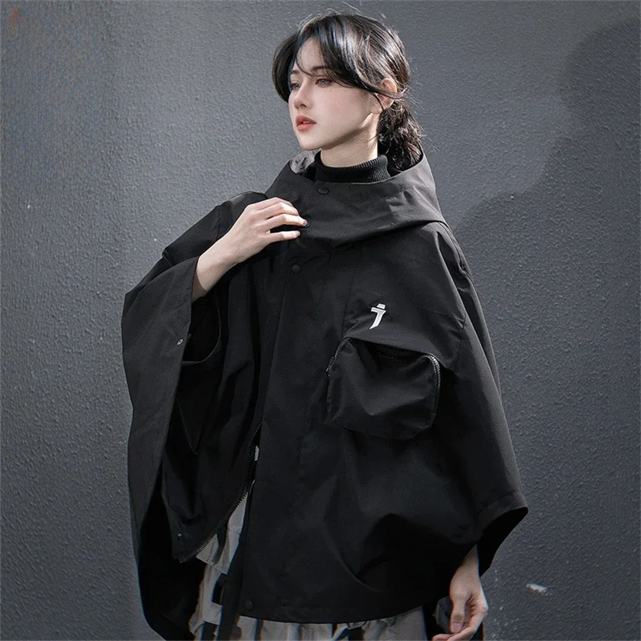 

Techwear Functional Cape Jacket Women Vintage Hooded Windbreaker Jackets Oversize Fashion Streetwear Harajuku Casual Women Coats