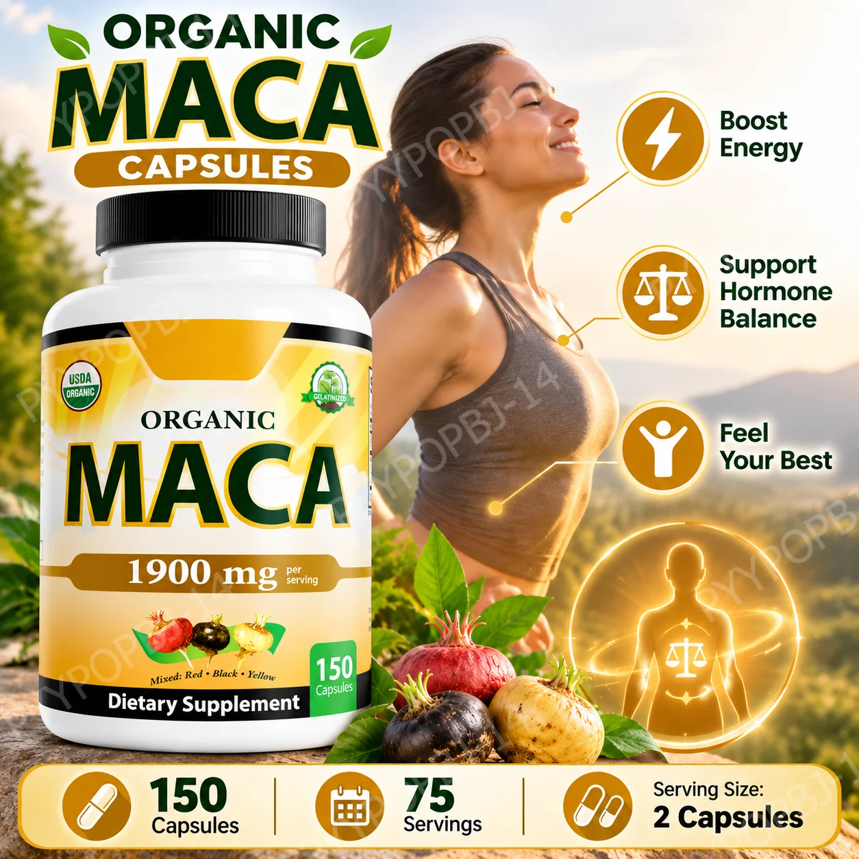 Organic Maca Capsules, Support Energy & Hormone Balance, Mixed Red Black Yellow Maca Root Blend, 1900mg 150 Capsules