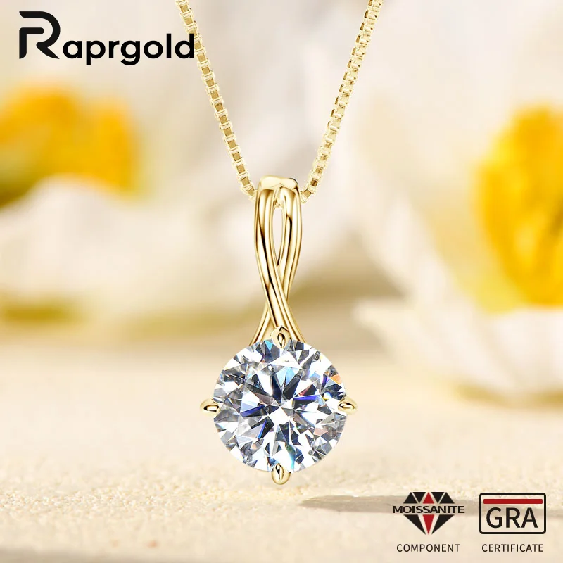 

RAPRGOLD 6.5/8/9mm Round Moissanite Solitaire Pendant Necklaces for Women Real 925 Sterling Silver Chains Wedding Jewelry Gifts