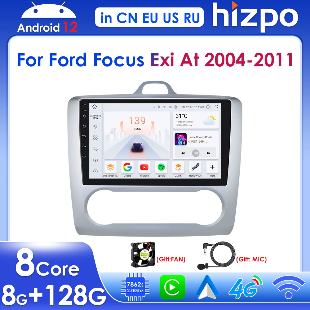 Hizpo 2din Car Radio for Ford Focus 2 Mk2 2004-2011 Exi AT Android 12 Carplay GPS Navi Multimedia Player Audio Stereo SWC BT RDS