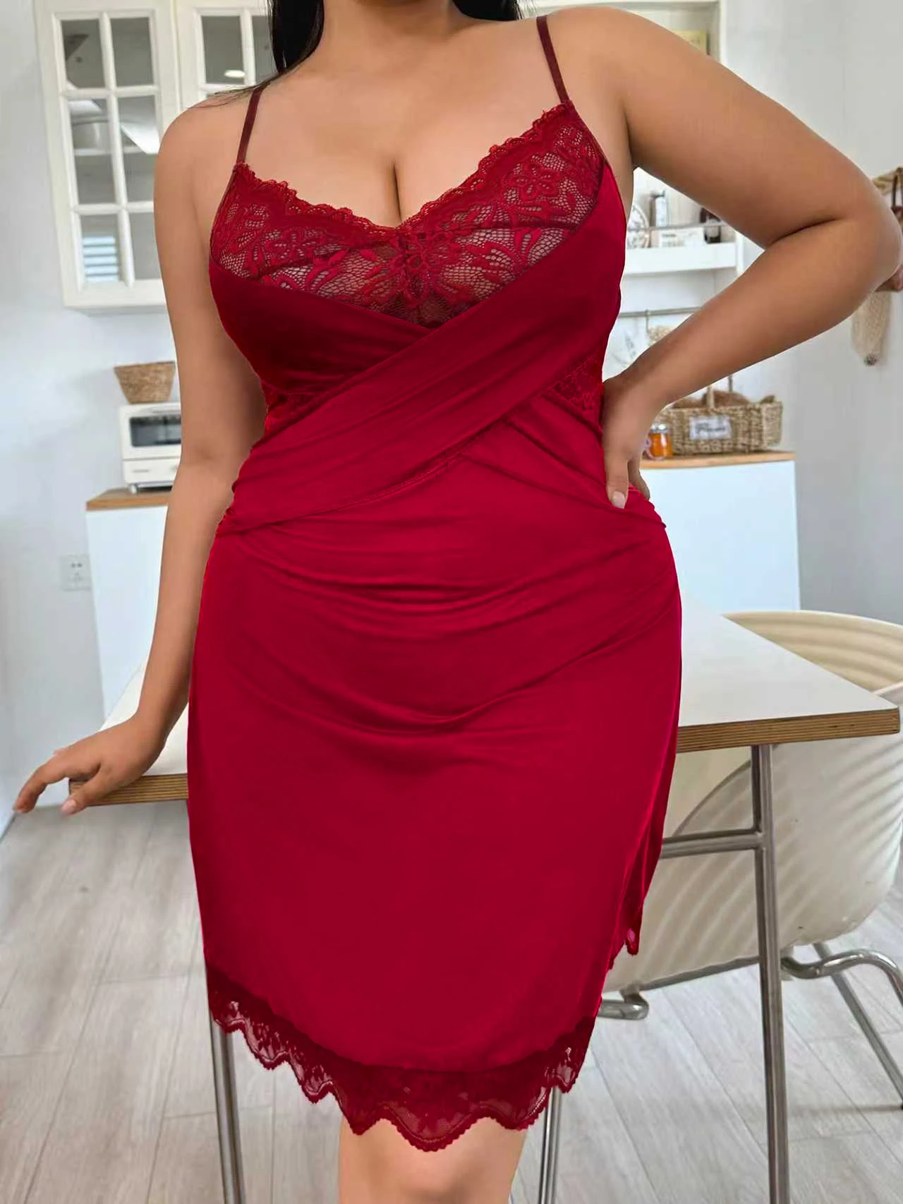 

Plus Size Women's Elegant Soft Solid Color Lace Splicing V Neck Backless Spaghetti Strap Sleep Dress Loungewear