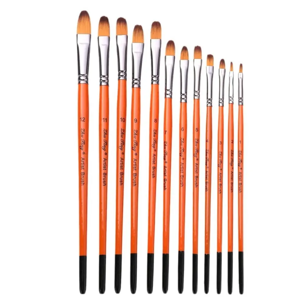 12 stks/set multifunctionele schilderborstelset nylon houten handvat aquareltekeningborstels professioneel oranje