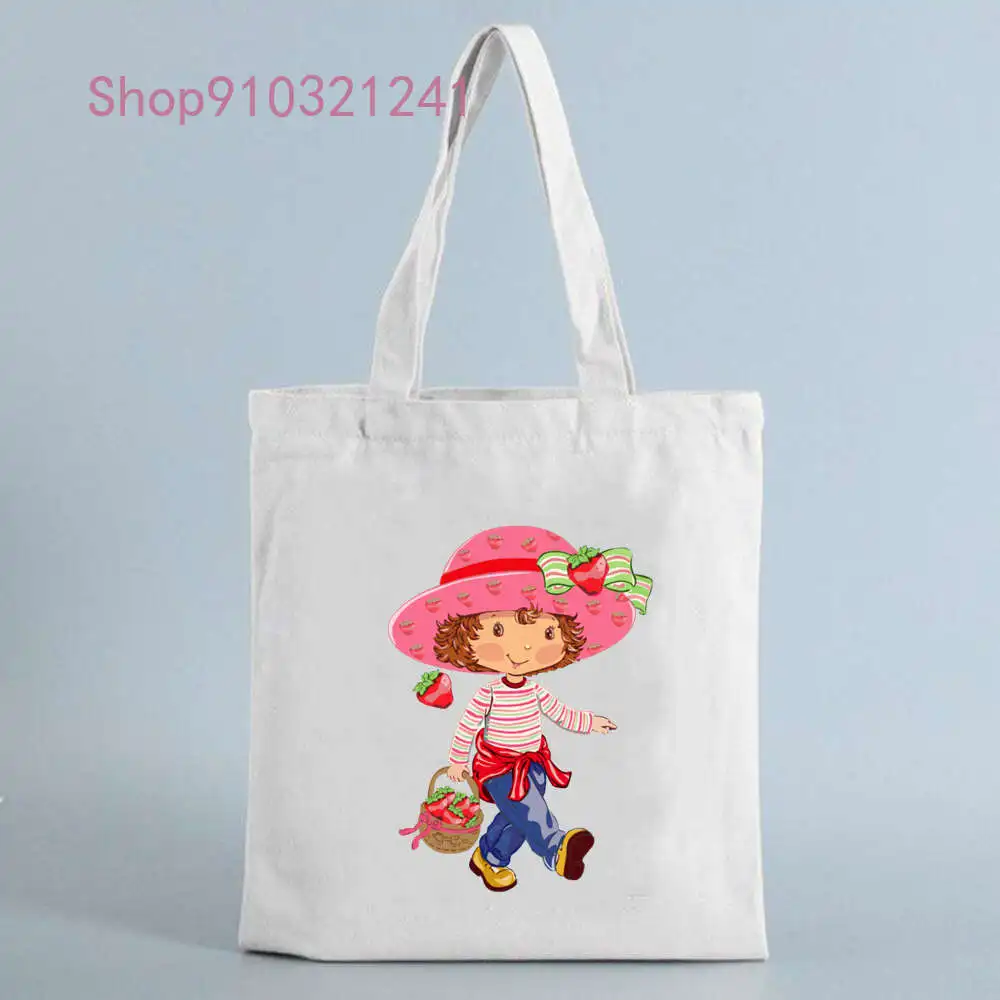 Shopping Bag Anime Strawberry Girl Print Handbag Cotton Manga Tote Bags Reusable Grocery Women Classic Vintage Shoulder Bag