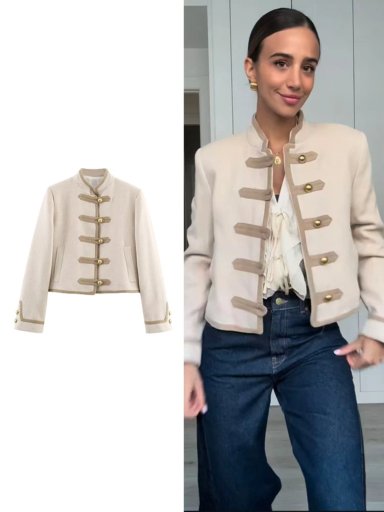 

Women Stand Collar Short Jacket Long Sleeve Button Up Elegant Pocket Fitting Vintage Jacket Fashionable Ladies Autumn Outerwear