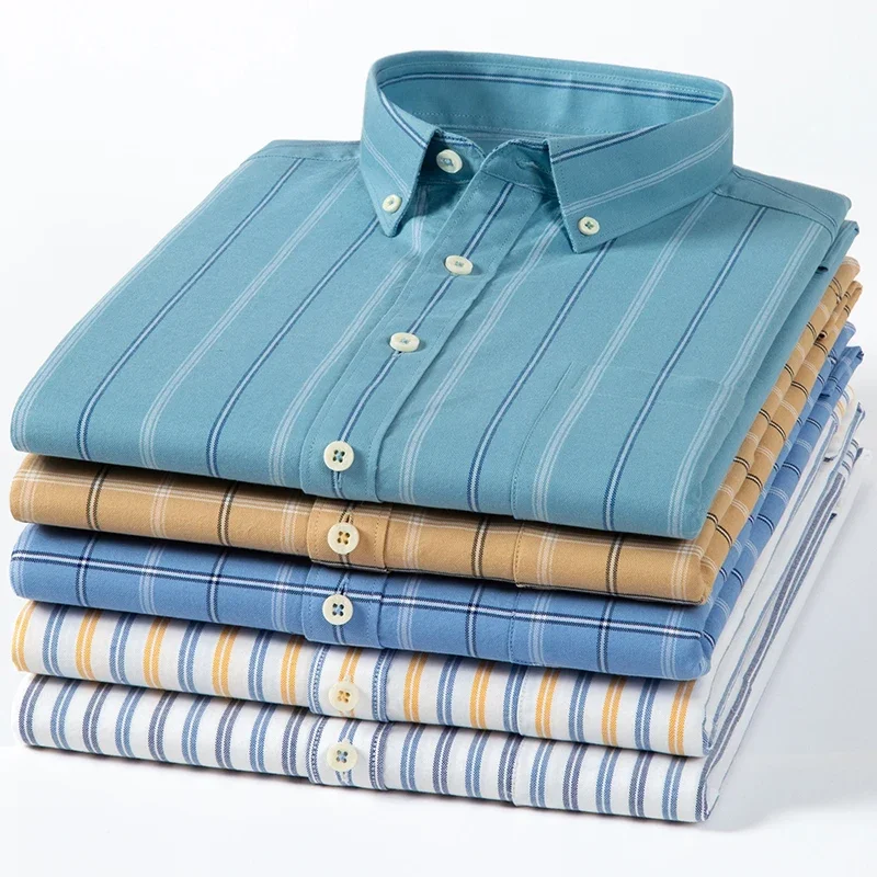 2023 Nieuwe Puur Katoenen Oxford Mannen Gestreepte Geruite Shirts Mannelijke Casual Hoge Kwaliteit Lange Mouw Shirt Voor Mannen Knoop Business Shirt