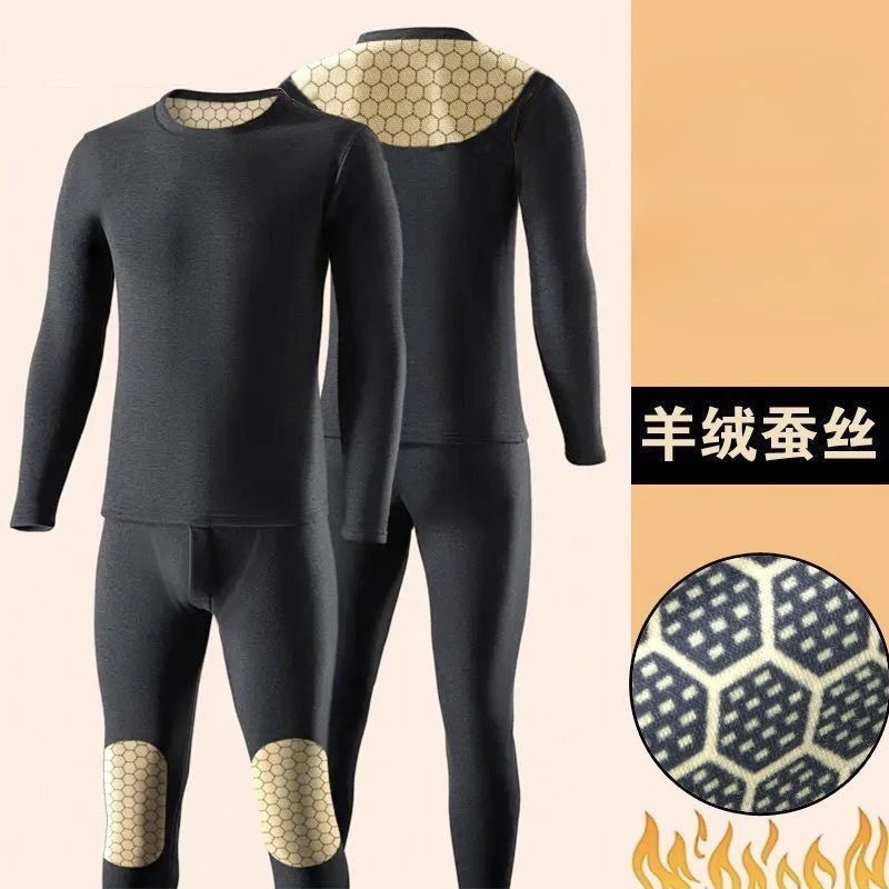 Men's Long-sleeved Thermal Underwear Sets Cold Winter Soft Elastic Waist Pants Black Gold Patch Comfortable Warm Tops Long Johns